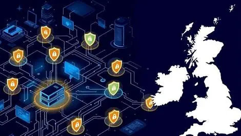 Interconnected computer servers secure digital shields cybersecurity uk ireland
