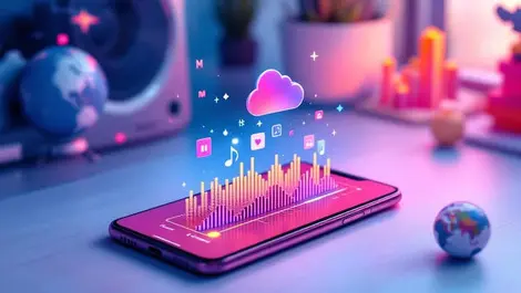 Ai music from text prompt smartphone waveforms globe europe australia