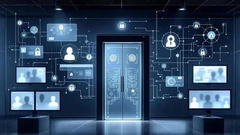 Modern soc room biometric gate monitors digital identity privacy