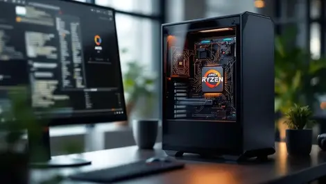 Sleek desktop pc ryzen tower open panel ai circuits showcase
