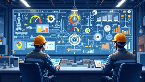 Modern factory control room ai readiness engineers gauges displays