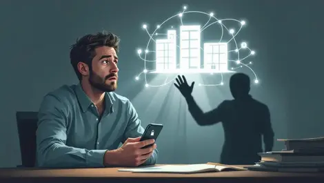 Worried office worker old phone shadow hacker corporate network