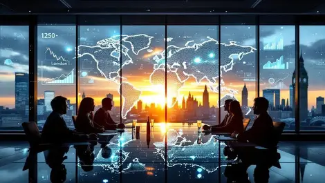 Modern london glass boardroom sunrise executives world data