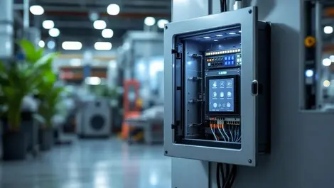 Compact industrial control cabinet open with modular touchscreen