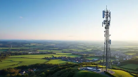 Telecom tower over irish landscape fiber connected homes evening