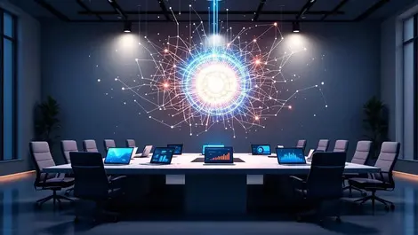 Ai neural network sphere over conference table big data analytics