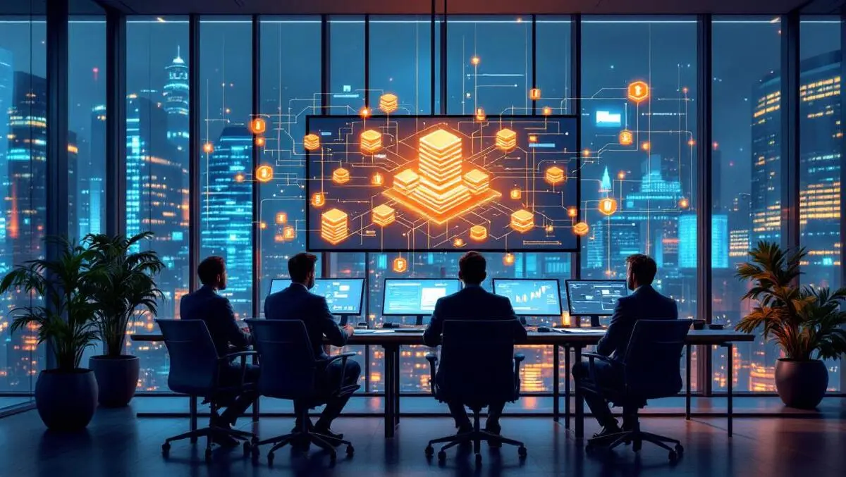 European bank office blockchain screens digital asset management