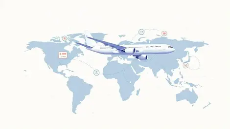 Airplane over world map global travel payments vector illustration