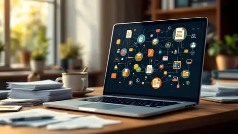 Small business office laptop invoices linked document systems