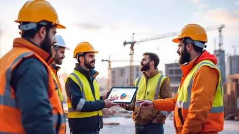 Uk ireland construction site workers collaborating with tablet charts