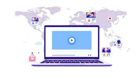 Global ecommerce video marketing laptop with products icons map