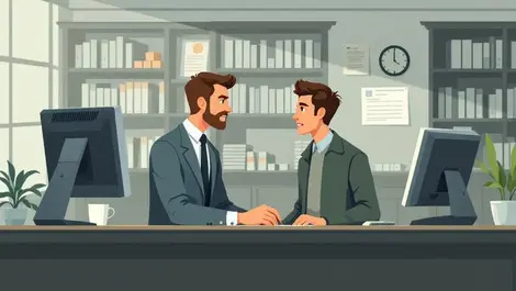 British bank advisor consultation cautious customer idle terminal illustration